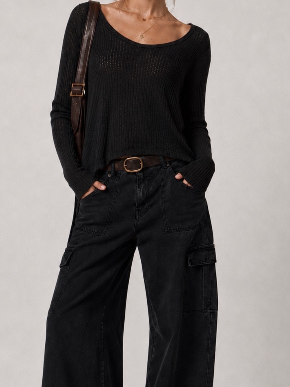 Free People Ventura Thermal Top XS Black Oversized High‎ Low Hem